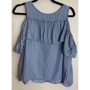 SO Womens Large Chambray Tiered Cropped Blouse Top Preppy Boho Going‎ Out